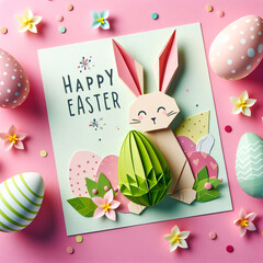 Easter card. Easter bunny in origami style, among paper decorations on an Easter theme.