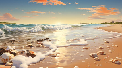 Sandy beach with light blue transparent water waves and sunlight, tranquil aerial beach scene