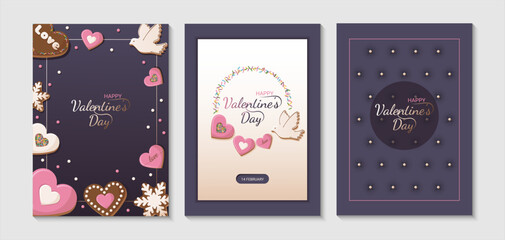 Valentine's day greeting card set. Gingerbread cookies in the form of heart, dove, snowflake. Symbol of love. Colorful romantic collection of greeting cards, posters, covers. Stock vector illustration