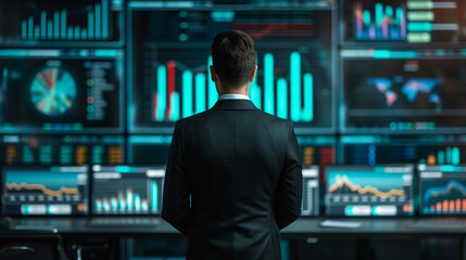Fototapeta premium Back of a businessman in front of professional key performance indicator KPI metrics dashboard with screens and charts for sales and business results evaluation and KPI review.
