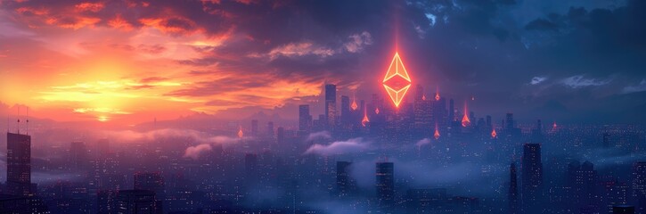 Futuristic cityscape with Ethereum logos glowing on skyscrapers at night