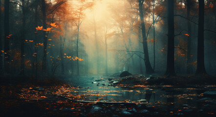  Beautiful autumn forest scene with sunshine passing through some trees. - Powered by Adobe