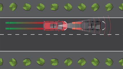 top view flat cartoon of car vehicle with autonomous sensors braking system