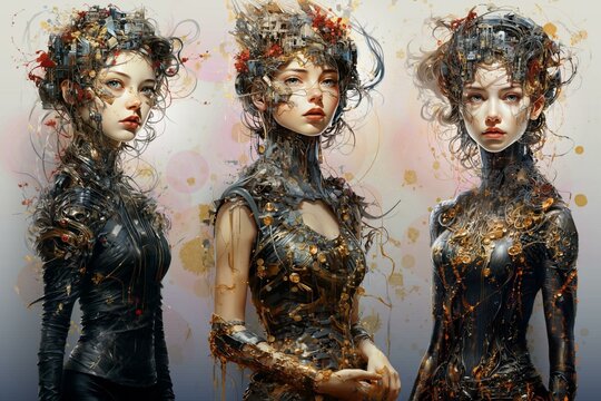 Girls with biomechanical parts. Organic cyborgs. Post punk illustration.