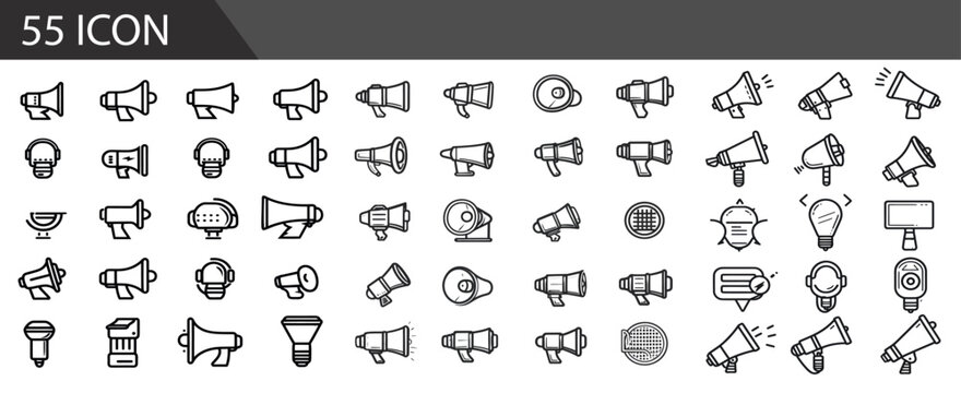 Megaphone icons set. Electric megaphone symbol with sound. Loudspeaker megaphone icon collection