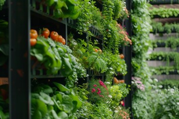 Close up shelves with salad, greens and young microgreens in pots at daylight on hydroponic vertical farms. Concept of agriculture business of future 