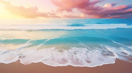 Sandy beach with light blue transparent water waves and sunlight, tranquil aerial beach scene