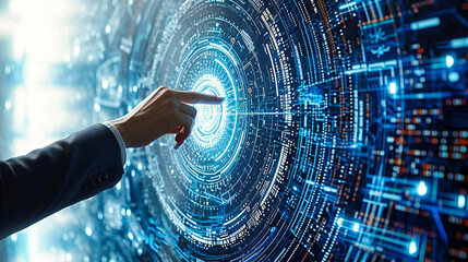 Businessman Interacting with a Futuristic Holographic Display, Symbolizing Innovation and Digital Technology