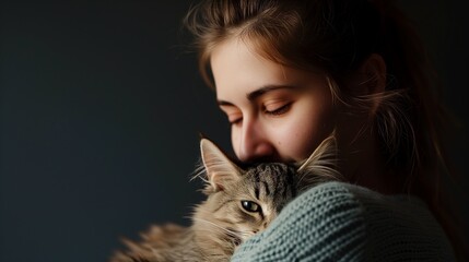 A young beautiful woman in a sweater hugs a fluffy tabby cat. Portrait of a girl hugging a cat. Horizontal photo, uniform dark background.