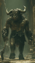 Fototapeta premium Fearsome Minotaur in Ancient Labyrinth - greek mythology - mythical