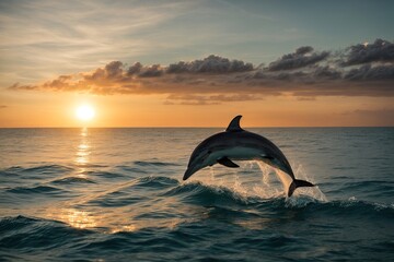 Dolphins dance at sunset in the serene ocean