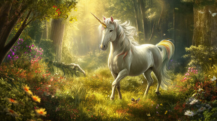 Obraz na płótnie Canvas Graceful Unicorn in Enchanted Forest - greek mythology - mythical