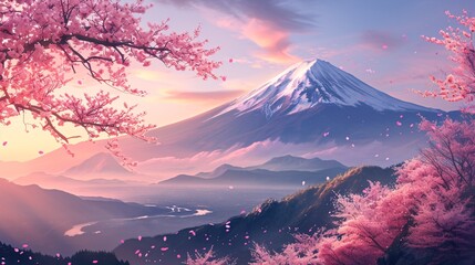 Traditional Japanese landscape featuring a blooming cherry blossom tree in the foreground. Generate AI.