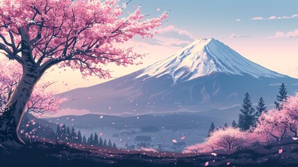 Traditional Japanese landscape featuring a blooming cherry blossom tree in the foreground.