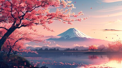 Traditional Japanese landscape featuring a blooming cherry blossom tree in the foreground. Generate AI. - obrazy, fototapety, plakaty