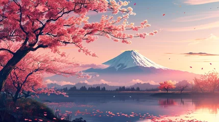 Fotobehang Traditional Japanese landscape featuring a blooming cherry blossom tree in the foreground. Generate AI. © taelefoto