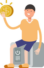 Boy Character Sitting on Safe and Holding Dollar Coin

