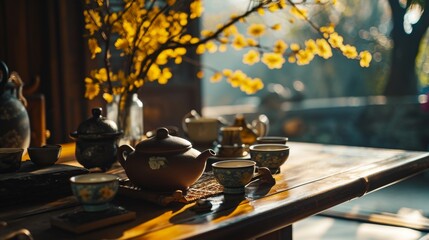 Fototapeta premium Wooden Table Covered in Cups and Saucers, Chinese new year