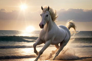 Obraz na płótnie Canvas White horse runs in the water of the sea sunset. Generative AI.