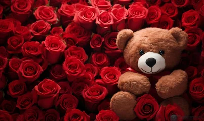 Foto op Plexiglas Teddy bear and red roses background, valentines day concept © Digital Waves