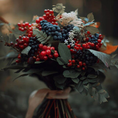 Bouquet of berries, flowers, background from the forest, girl with hand holding a bouquet of berries in the forest, with a vase
