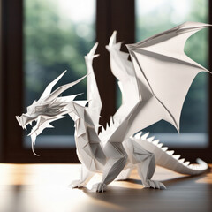 Origami craft of a dragon on a table in a glass box