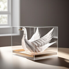 Origami craft of a swan on a table in a glass box