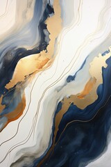 Abstract Flow Acrylic Painting, White Yellow Blur with Gold Line Texture. Marble, Smoke, Watercolor or Aquarelle Background