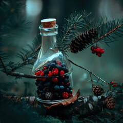Forest red, blue, coloured berries in a transparent jar in a forest with trees, nearby birds and tree branches, nature and with cones