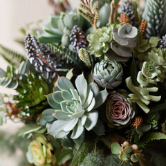 Bouquet-vase of green and different kinds of succulents, white background, flowers