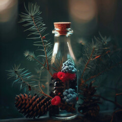 Forest red, blue, coloured berries in a transparent jar in a forest with trees, nearby birds and tree branches, nature and with cones