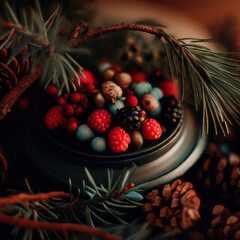 Berries, cones and branches in a tea box as a gift, fir branches, trees, beautiful scene, tea on a wooden table