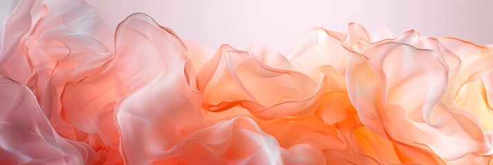Abstract pink banner with fabric texture. Peach wavy textile background.
