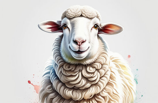 Watercolor Sheep Farm Animal Portrait Painted Illustration