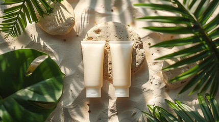 Cream Pastel Product Mock Up Skincare Tube for Creams, Lotions, Gels, and Moisturizers - In Hombre, Tropical Beach Aesthetic with Palm Leaves and Plant Shadows - on Stone Pedestal