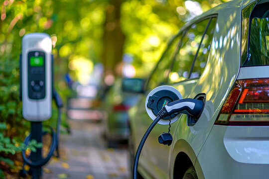 EV charging station for electric car in concept of green energy and eco power produced from sustainable source to supply to charger station in order to reduce CO2 emission