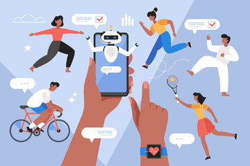 Artificial intelligence in sport and exercise smart phone app concept. Modern vector illustration of people cycling, exercising, playing tennis and running, using AI fitness  training - obrazy, fototapety, plakaty