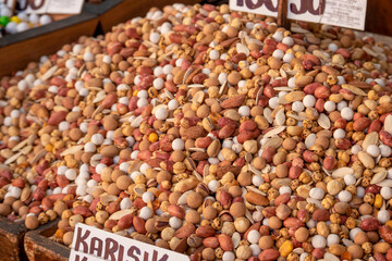 Fresh mixed nuts (hazelnuts, peanuts, roasted chickpeas, sunflower seeds, almonds, pistachios,...