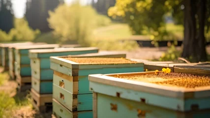 Fotobehang Close up of wooden bee hives in outdoor © MARS