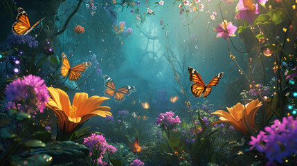 Fototapeta na wymiar Enchanted forest scene with butterflies and vibrant flowers. Fantasy and imagination.