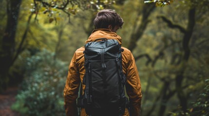 Fototapeta premium Hiker With Backpack Walking Through Dense Forest, Back to school