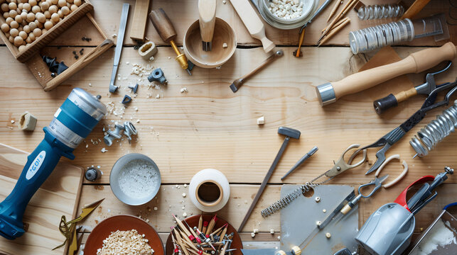A captivating image of a creative and modern DIY home decor project in progress, showcasing an array of tools and materials expertly scattered on a worktable. The project exudes an air of ex