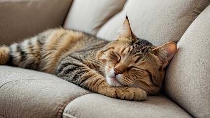 lazy and cute cat sleeping on the sofa with closed eyes