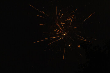 Burst of orange fireworks at night - vibrant streaks and sparks - smoke clouds - celebration, new...