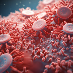 Underwater Macro Scene: Red Blood Cells Floating Amidst Fresh Sea Life, Pink Anemone, and White Coral in the Rain