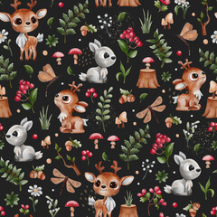 cute patterns, watercolor pattern, cute deer, cute animal pattern, botanical pattern, watercolor...