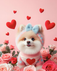Fototapeta na wymiar Valentine's day background with cute puppy dog in rose flower garden.
