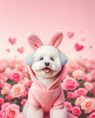 Valentine's day background with cute puppy dog in rose flower garden.