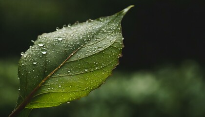 Obraz premium Clear and transparent dew drops forming on green leaves.