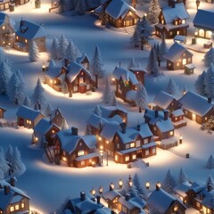 Little Christmas Town, Covered in Snow, Crescent Moon in the Sky, Generative AI